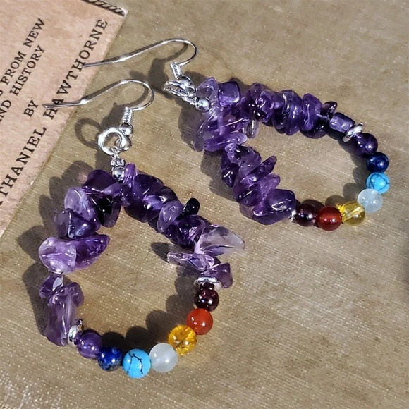 Amethyst 7 Chakras Yoga Om Zen Mindful Gemstone Beads Teardrop Earrings - Picture 1 of 10